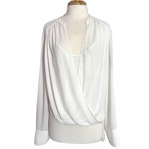 BCBG MAXAZRIA Silky Ivory White Drape Crossover Blouse Women’s Size Large
